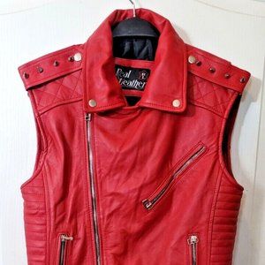 RL Real Leather Red Biker Punk Vest - Spikes, Zippers, Buckles Quilted Lining XS